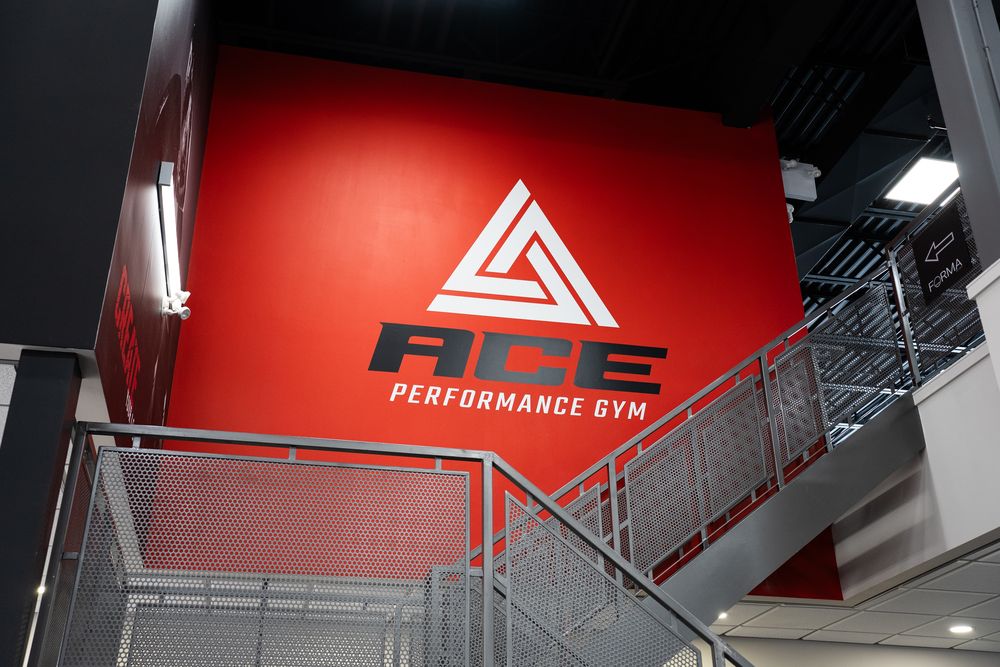 ACE Performance Gym logo on red feature wall